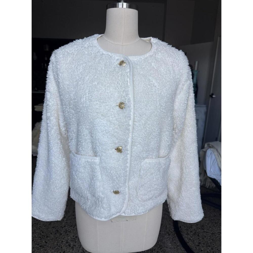 J CREW White Sherpa Button Jacket Cardigan Sweater Sz M Old Money Style